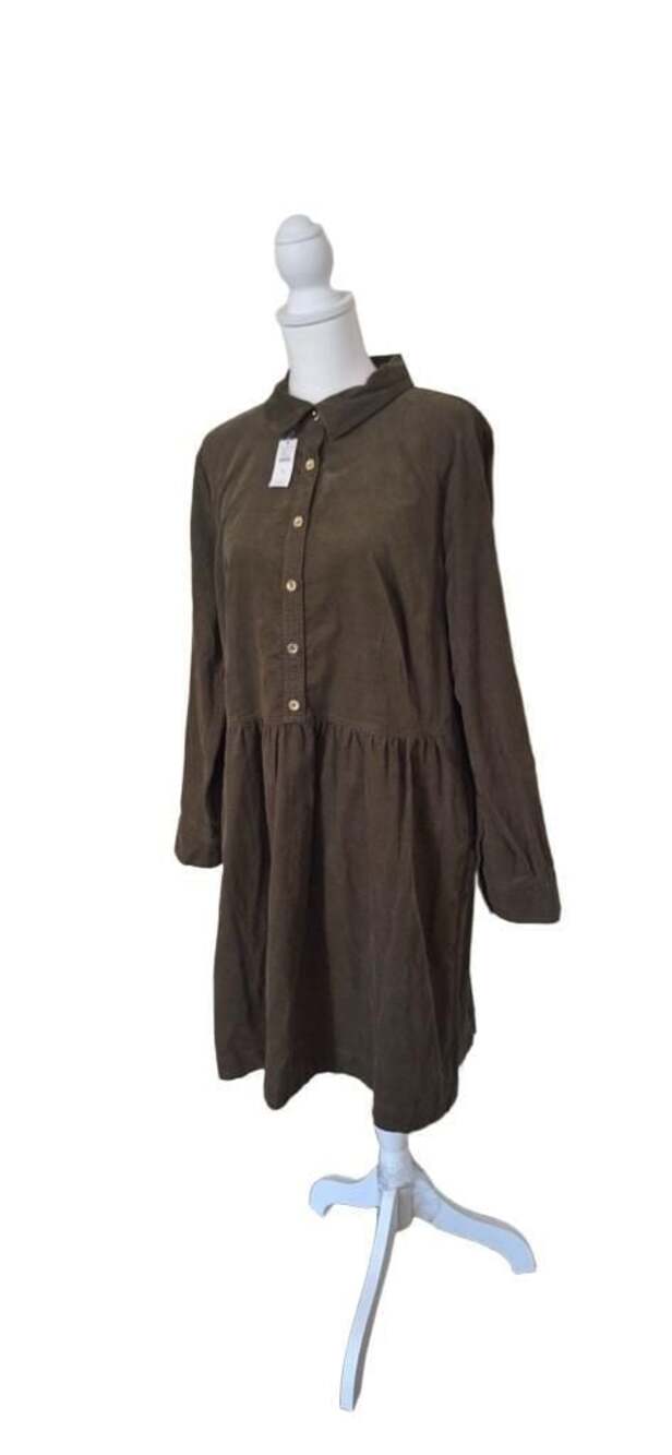 NWT Talbots Corduroy Shirtdress Sz.16 Olive Green Drop Waist Tiered Button Front - Picture 4 of 13